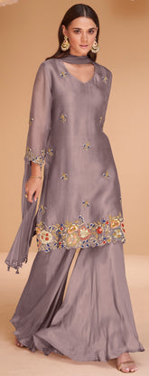 Pastel Purple Pure organza silk dress with net duppata and minimul work